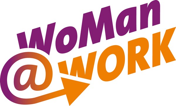 Logo von WoMan@Work (lila, orange)